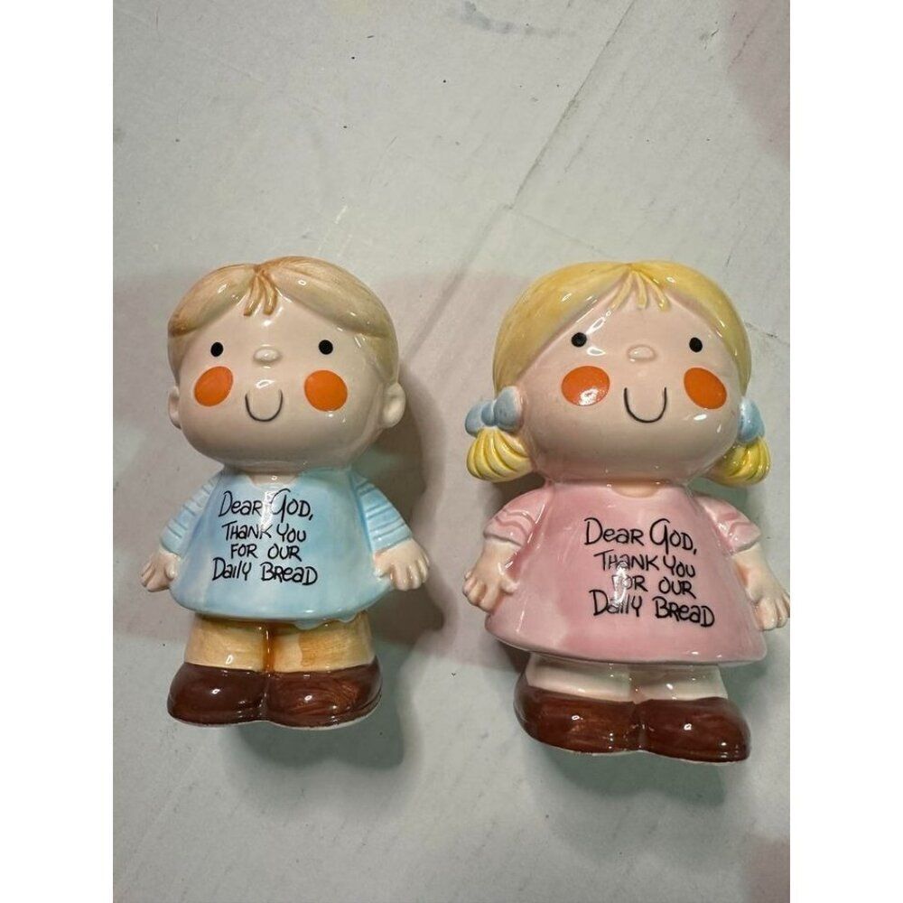 Dear God Salt & Pepper Shakers 1982 Thank You For Our Daily Bread Ceramic Vintag